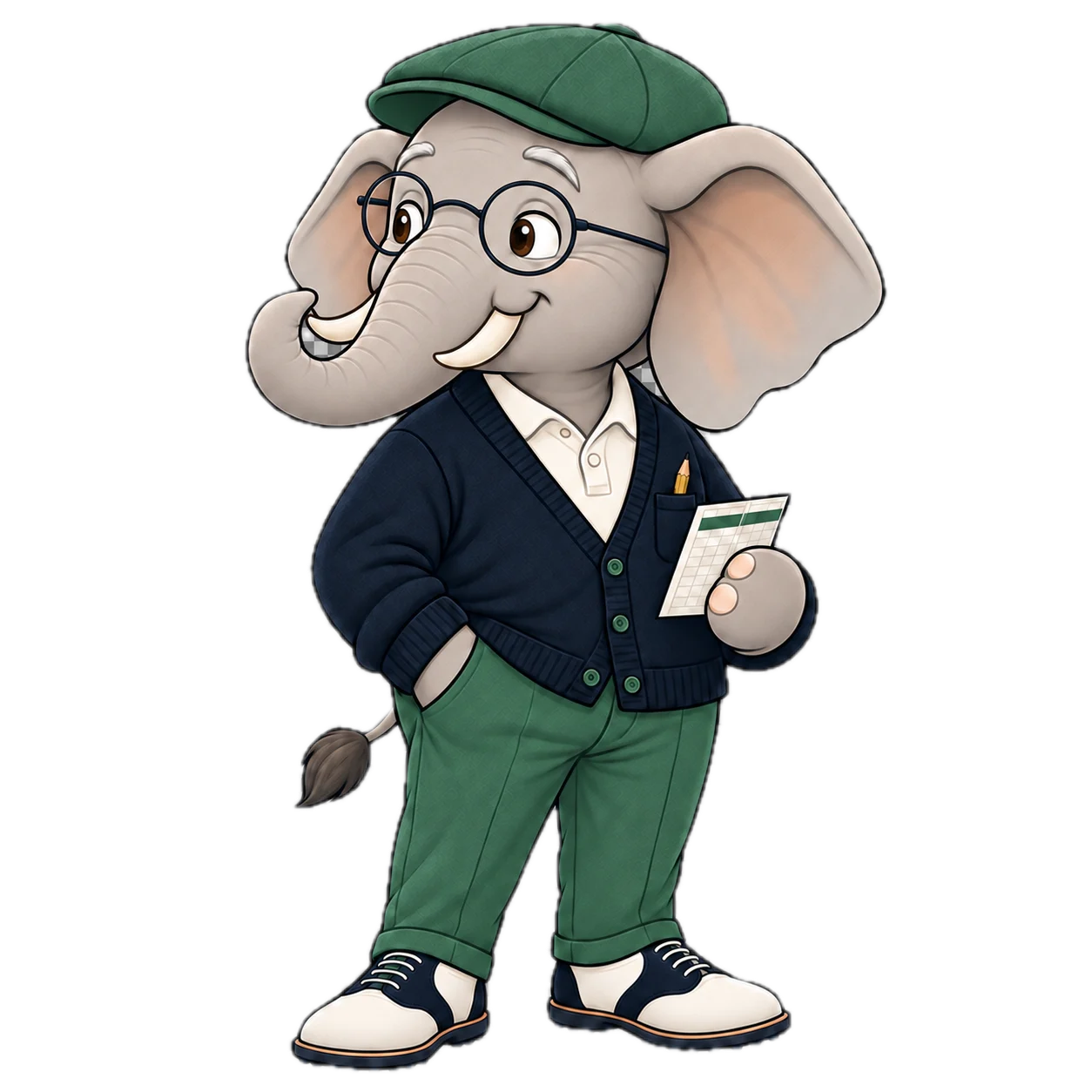 The Elder Mentor elephant mascot holding a golf scorecard